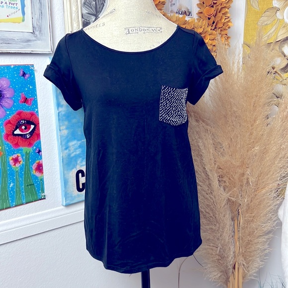 Armani Exchange Tops - AX Armani Exchange Short Sleeve Top Tee with a beaded pocket Sz. S Sheer Back